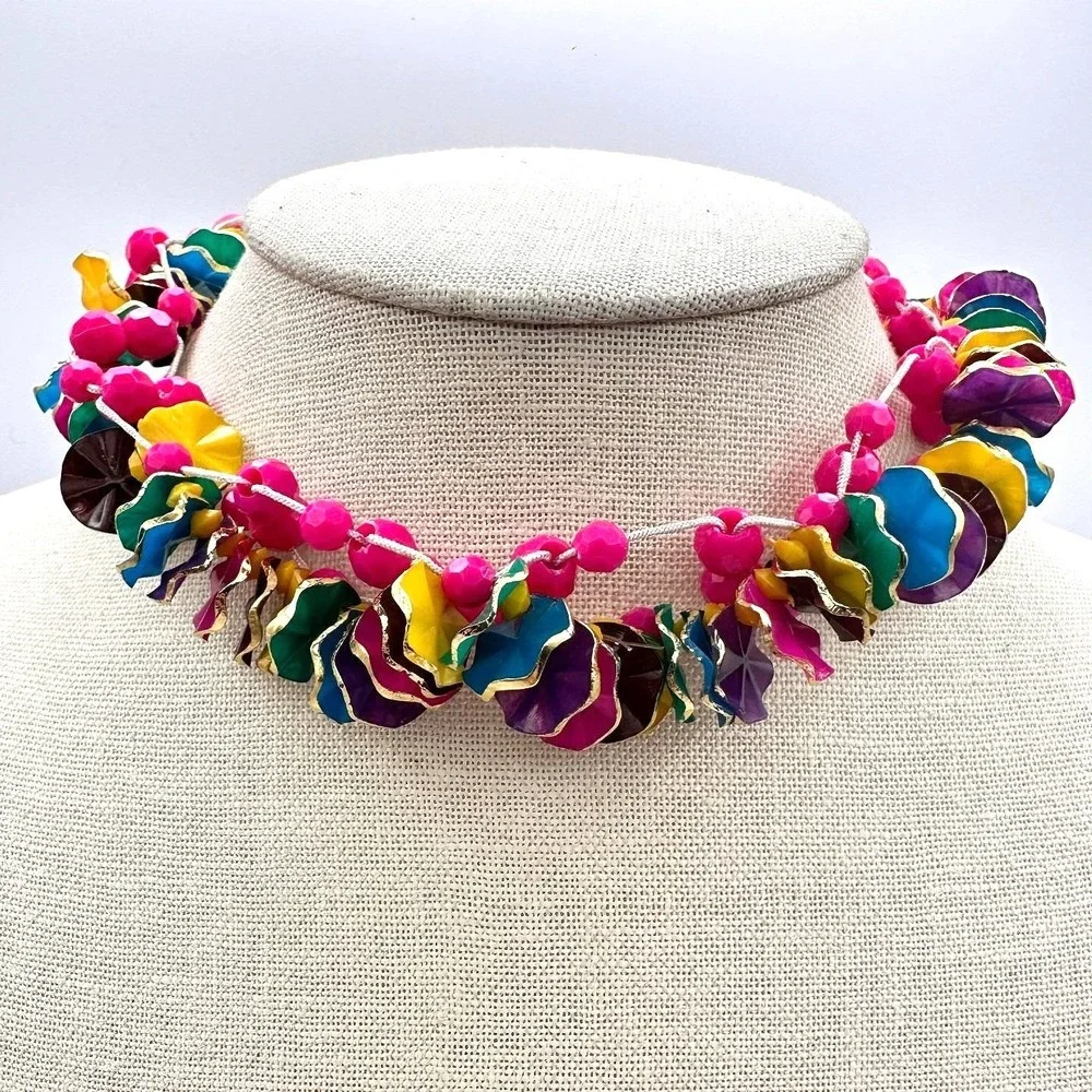 Vintage Multicolor Cluster Choker Necklace Pink Wavy Disc Beads Retro 80s Boho‎